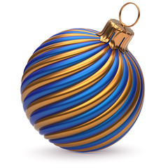 Christmas ball New Year's Eve decoration blue orange shiny twisted stripes bauble wintertime hanging adornment souvenir. Traditional ornament happy Merry Xmas winter holidays symbol. 3d illustration