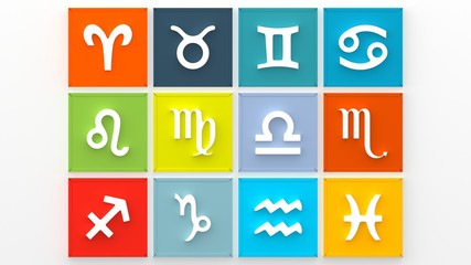 The signs of the zodiac. Zodiac set. Zodiac symbols. Zodiac sign. Zodiac card. 3d rendering