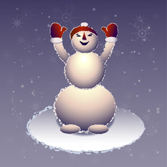 the snowman in a red beret has raised hands up