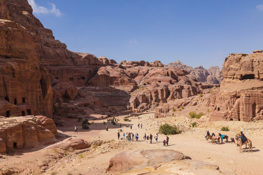 Panorama of Petra in Jordan - ancient city, capital of the Edomites , and later the capital of the Nabataean Kingdom., tourist attraction. Jordan