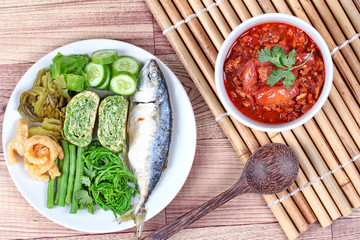 Spicy meat and tomato dip,Nam Prik Ong,with side dish