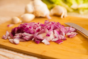 Obraz na płótnie Canvas cropped onion with other vegetables on a cutting board