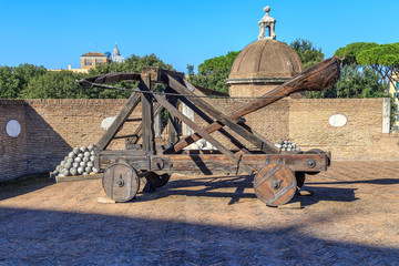 Medieval catapult in the tower of the castle of St. Angel in Rome