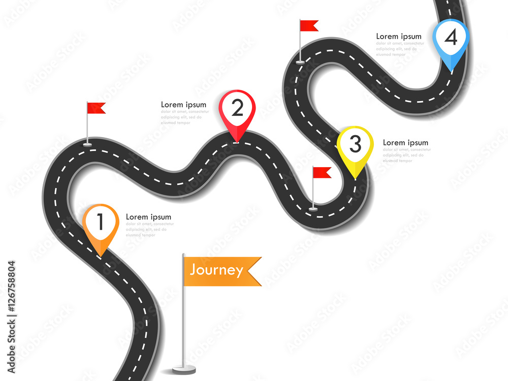 Poster road trip and journey route. business and journey infographic design template with flags and place f
