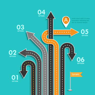 Road trip and Journey route. Business and Journey Infographic. Stylish Serpentine in the form of arrows. Winding roads on a colorful background. Vector EPS 10