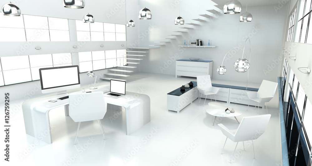 Poster modern white office interior with computer and devices 3d render