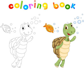 Funny cartoon turtle and fish in the sea