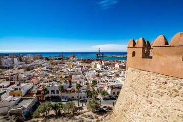 View of Almeria (Almería) old town and port from the castle (Alcazaba of Almeria), Spain  - obrazy, fototapety, plakaty
