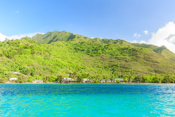 Beautiful sea with mountain and resort background in Moorae Isla