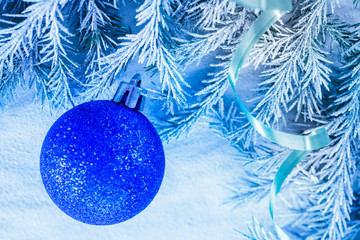 Christmas background with snow, toy and firtree