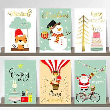 Light colorful christmas greeting card with tree,cake,bycicle,ti