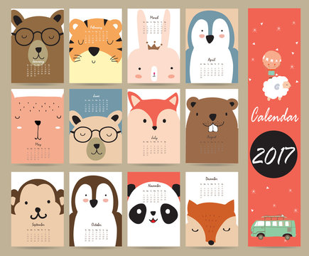Colorful cute monthly calendar 2017 with bear,penguin,monkey and