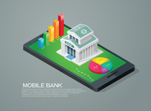 mobile bank isometric and chart graph