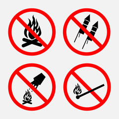 set of signs prohibiting fire,  prohibited fireworks,