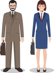 Couple of business man and woman standing together on white background in flat style. Business team and teamwork concept. Flat design people characters. Vector illustration.