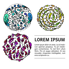 Vector illustration of hand drawn circles filled with colorful floral elements with text.