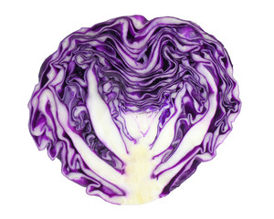 Fresh purple cabbage cut in half isolated on white background, close-up for texture and pattern of vegetable