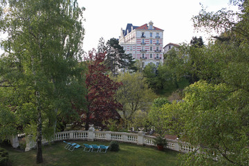 Fototapeta na wymiar Chatel-Guyon, France. View over the central park and old hotel.
