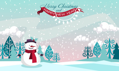  Christmas decorative landscape and snowman in the scarf. new Year.