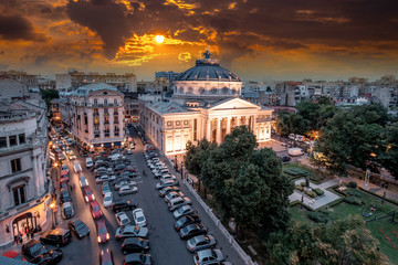 Romanian Athenaeum in Bucharest at dusk. Air view of the building. Romania. Beautifull sunset...