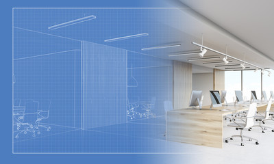 Blueprint of an office becoming an actual workplace