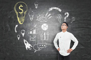 Asian businessman full of confidence near a business idea sketch