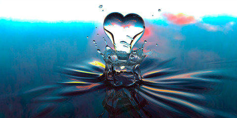 Spectacular heart shaped drop of water splash. Vibrant colors an water ripple 3D render.