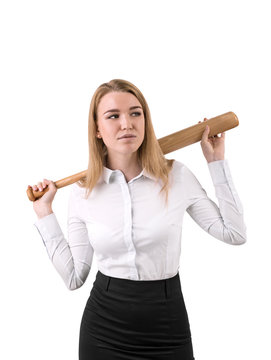 Isolated Portrait Of Woman Holding A Baseball Bat