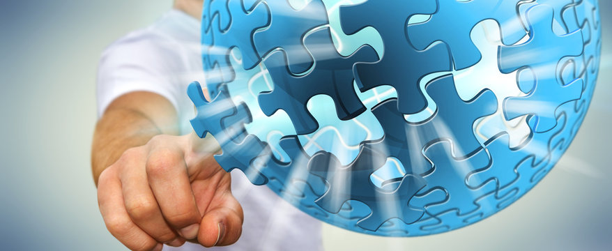 Businessman touching flying puzzle sphere 3D rendering