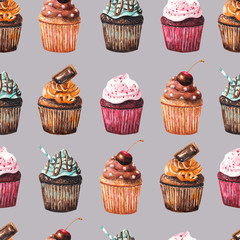 Seamless pattern with watercolor cupcakes