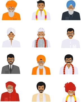 Different indian old and young men characters avatars icons set in flat style isolated on white background. Differences hindu ethnic people smiling faces in traditional clothing. Vector illustration.