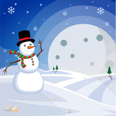 Snowman cartoon winter mountain with moon and tree vector illustration in the snow
