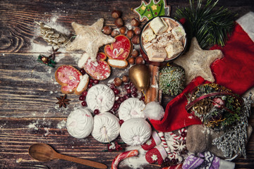 Christmas or New Year dark wooden background, Xmas brown board f