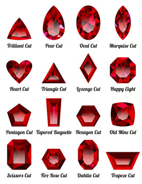 Set of realistic red rubies with complex cuts isolated on white background. Jewel and jewelry. Colorful gems and gemstones. Trilliant, pear, oval, marquise, heart, triangle, lozenge, happy eight.