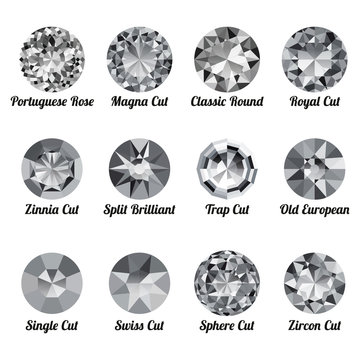 Set of realistic white diamonds with round cuts isolated on white background. Jewel and jewelry. Colorful gems and gemstones. Magna, classic round, royal, zinnia, trap, single, swiss, sphere, zircon