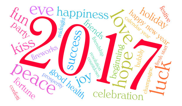 Happy New Year 2017 word cloud on a white background. 