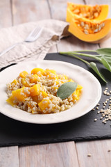 Pearl barley risotto with pumpkin and sage