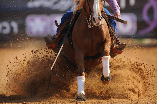 The front view of a rider in cowboy chaps and boots on a horseback running ahead and sliding the horse in the dirt
