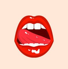 Sexy open mouth, tongue hanging out, red erotic seductive lips, passion, vector illustration