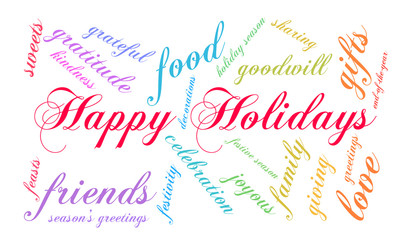 Happy Holidays Word Cloud word cloud on a white background. 