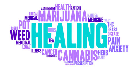 Healing Marijuana word cloud on a white background.