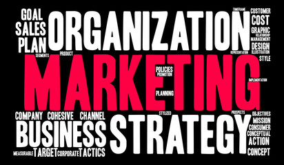Marketing Word Cloud on a black background. 
