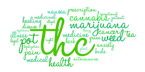 THC Word Cloud on a white background. 