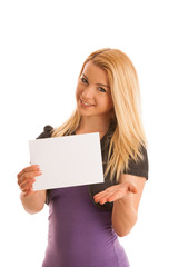 Beautiful blonde woman with blank banner for commercials isolate