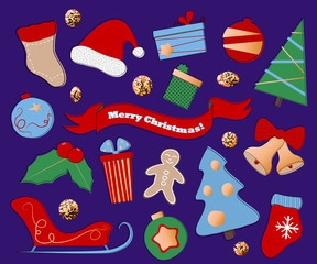 Winter holidays clipart on purple background. Christmas or New Year icons in flat style.