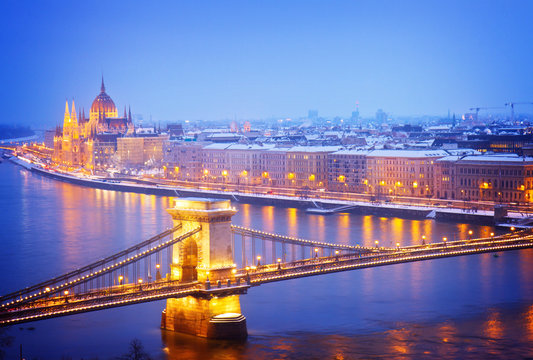 parliament building and chain bridge at night, Budapest, Hungary, retro toned
