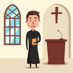 Young catholic priest. Cartoon vector illustration.