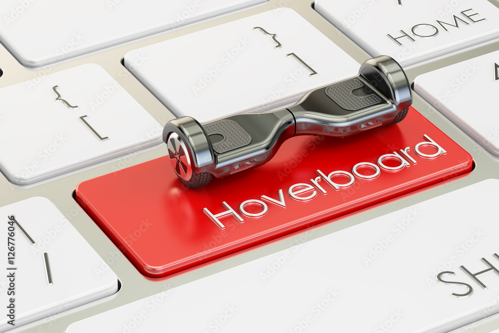 Poster hoverboard button on computer keyboard, 3d rendering