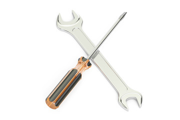 crossed screwdriver and wrench, repair and service concept. 3D r