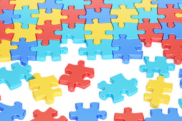 Fototapeta premium Puzzle Pieces in Autism Awareness Colors, 3D rendering